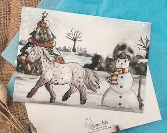 Weihnachtskarte Pferd | Winter Postkarte für Pferdemädchen | Weihnachtsgeschenk für Reiterin | Ponymotiv Grußkarte Illustration Bunt