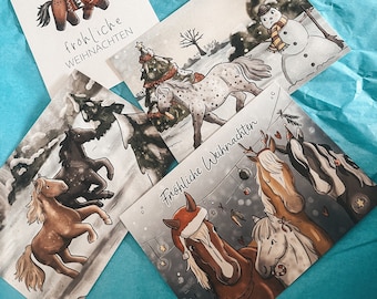 Set of 5 Christmas cards horse | Winter postcard for horse girls | Christmas gift for rider | Pony theme greeting card illustration