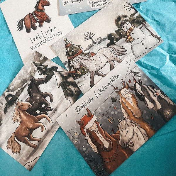 5er Set Weihnachtskarten Pferd | Winter Postkarte für Pferdemädchen | Weihnachtsgeschenk für Reiterin | Ponymotiv Grußkarte Illustration