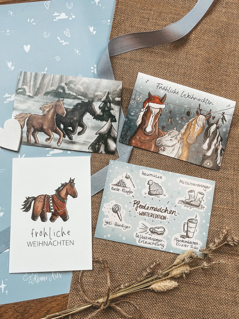 Christmas card horse Winter postcard for horse girls Christmas gift for rider Pony motif greeting card illustration colorful image 3