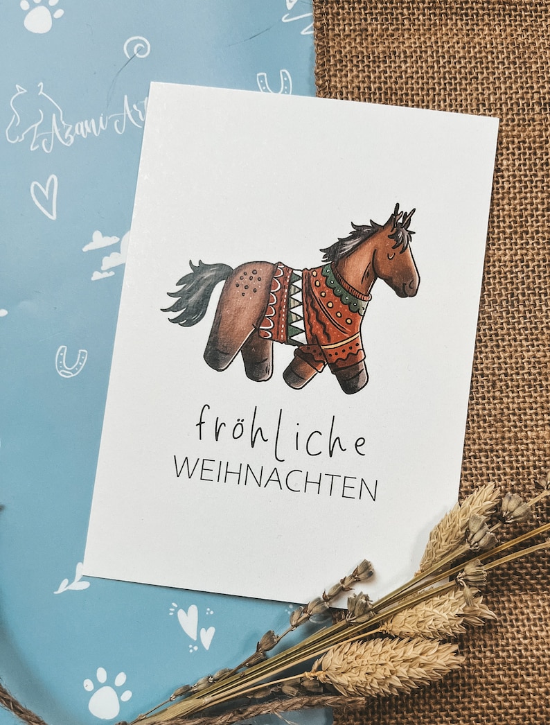 Christmas card horse Winter postcard for horse girls Christmas gift for rider Pony motif greeting card illustration colorful image 1