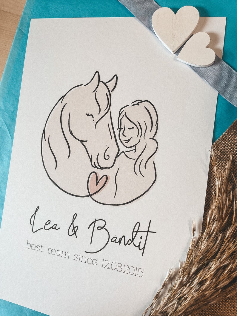 Personalized Horse Lover Poster Line art illustration in pastel Gift for riders individual horse portrait Pink image 5