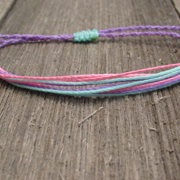 String Bracelet | Adjustable and Waterproof | Sea Foam Green/Lilac/Pink Waxed Polyester Cord | Stackable