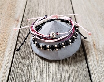 Hope Blooms Bracelet Set | Adjustable, Waterproof  | Lavender/Maroon/Black/Powder Pink Cord | Silver Tone Flower Charm and Glass Seed Beads