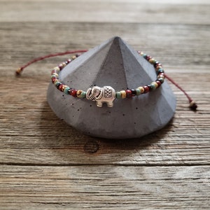Elephant Charm and Seed Bead Bracelet | Adjustable and Waterproof | Maroon Polyester Waxed Cord | Stackable
