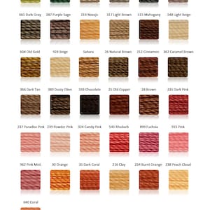 May include: A color chart of embroidery floss with 24 different colors, including lime green, purple sage, light brown, old gold, dark tan, dusty olive, chocolate, old copper, brown, dark pink, paradise pink, powder pink, candy pink, rhubarb, fuchsia, pink, pink mist, orange, dark coral, clay, burnt orange, peach cloud, and coral.