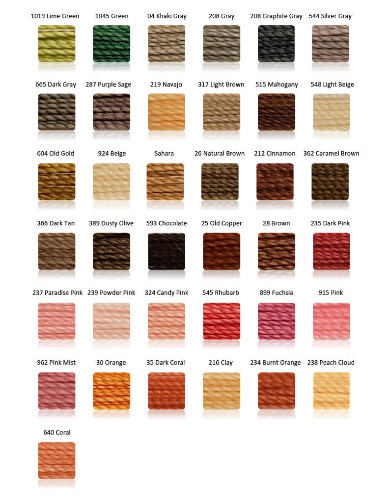 May include: A color chart of embroidery floss with 24 different colors, including lime green, purple sage, light brown, old gold, dark tan, dusty olive, chocolate, old copper, brown, dark pink, paradise pink, powder pink, candy pink, rhubarb, fuchsia, pink, pink mist, orange, dark coral, clay, burnt orange, peach cloud, and coral.