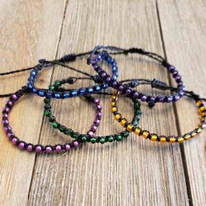 Colorful Metallic Glass Seed Bead Bracelet | Adjustable/Waterproof |  Pink/Purple/Blue/Green/Orange Beads | Black Waxed Cord | Stackable