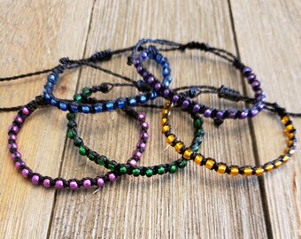 Colorful Metallic Glass Seed Bead Bracelet | Adjustable/Waterproof |  Pink/Purple/Blue/Green/Orange Beads | Black Waxed Cord | Stackable