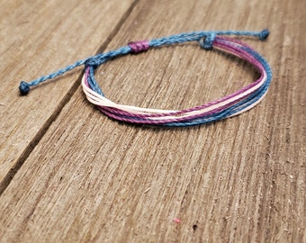 Stackable String Bracelet | Adjustable, Waterproof  | Plum/Blush/Teal Polyester Waxed Cord