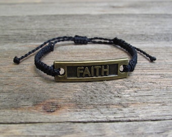 Bronze Tone "Faith" Charm Braided Bracelet | Adjustable and Waterproof | Black Waxed Polyester Cord
