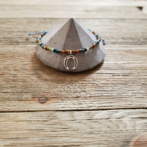 Horseshoe Charm and Seed Bead Bracelet | Adjustable and Waterproof | Dusty Blue Polyester Waxed Cord | Stackable