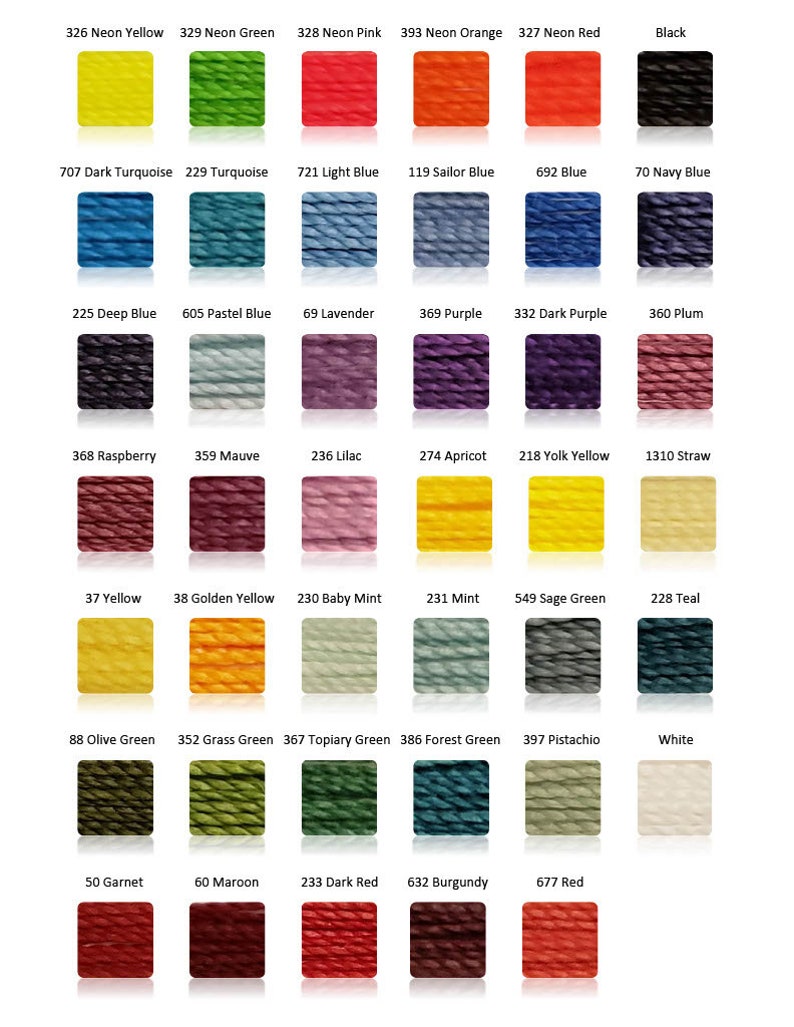 May include: A color chart of embroidery floss with 24 different colors, including neon yellow, neon green, neon pink, neon orange, neon red, dark turquoise, turquoise, light blue, sailor blue, blue, navy blue, deep blue, pastel blue, lavender, purple, dark purple, plum, raspberry, mauve, lilac, apricot, yolk yellow, straw, yellow, golden yellow, baby mint, mint, sage green, teal, olive green, grass green, topiary green, forest green, pistachio, white, garnet, maroon, dark red, burgundy, and red.