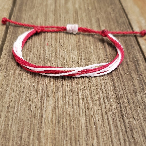 Stackable String Bracelet | Adjustable, Waterproof  | Crimson/White Polyester Waxed Cord | Spiritwear | Gift