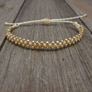 Braided Glass Seed Bead Bracelet | Adjustable and Waterproof | Gold Beads | Cream Waxed Polyester Cord | Stackable