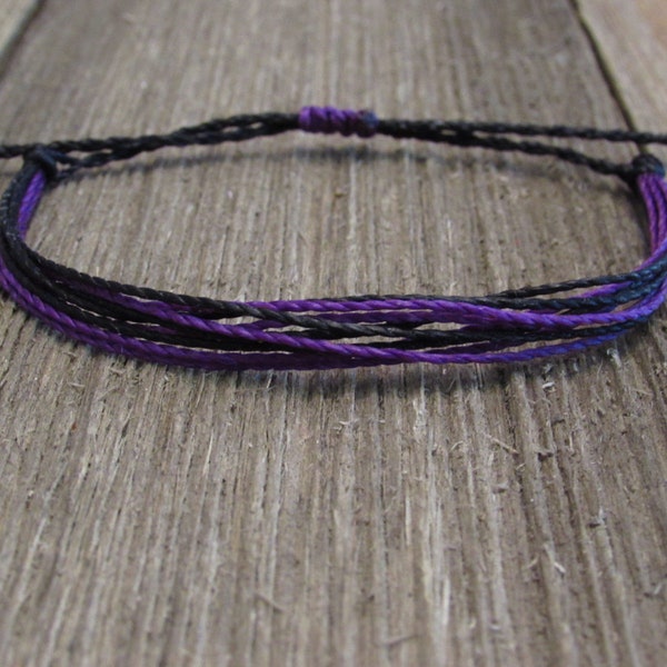 CUSTOMIZE | Stackable String Bracelet | Adjustable, Waterproof  | Purple/Black Polyester Waxed Cord | Spirit Wear | Team Gifts