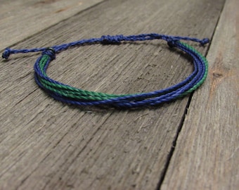 CUSTOMIZE Stackable String Bracelet | Adjustable, Waterproof  | Green/Navy Blue Polyester Waxed Cord | Spiritwear