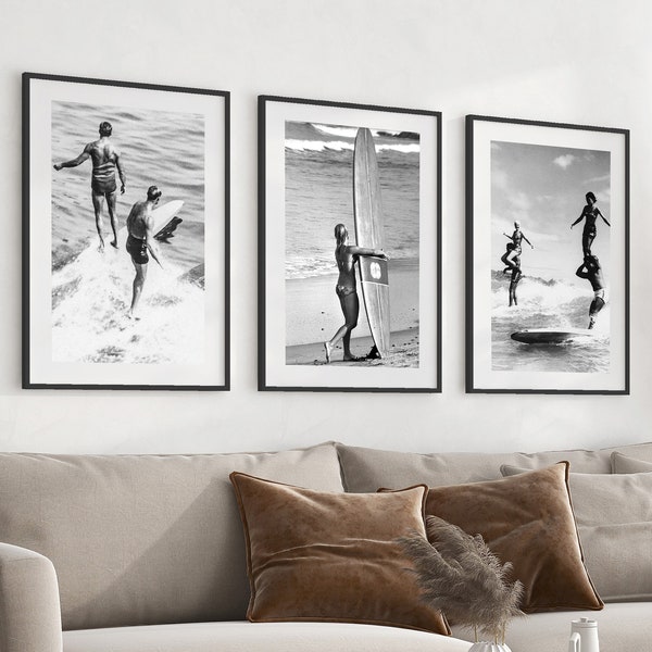 Impressions de surf, affiche de planche de surf, noir et blanc, impression de surf vintage, décoration de plage, affiche de surf, art mural planche de surf, lot de 3 impressions