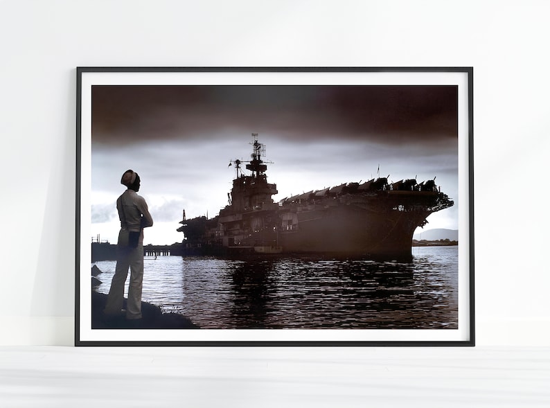 May include: A black and white photograph of a large ship docked at a pier. A person in a white uniform stands on the pier looking at the ship.