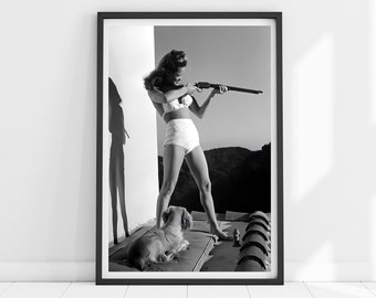 Vintage Rifle Print, Feminist Poster, Black and White Art, Vintage Woman Print, Girls Room Decor, Trendy Wall Art, Retro Fashion Print, Girl