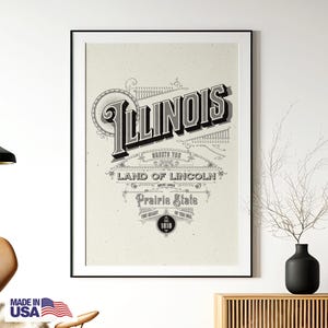 Impression de l'Illinois, affiche vintage de l'Illinois, impression d'art de l'Illinois, art mural de l'Illinois, art de Chicago, carte de l'Illinois, cadeaux de l'Illinois, impression de Chicago