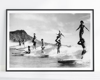 Stampa surf vintage, poster di tavola da surf, bianco e nero, stampa di surf, arredamento della casa sulla spiaggia, poster di surf, arte della parete della tavola da surf, arte della parete del surfista