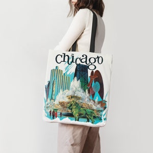 Chicago Tote, Bolsa de poliéster, Regalo corporativo, Bolsa de Chicago, Bolsa de Chicago, Regalo de Chicago, Bolsa de comestibles, Chicago vintage, Bolsa de mano blanca