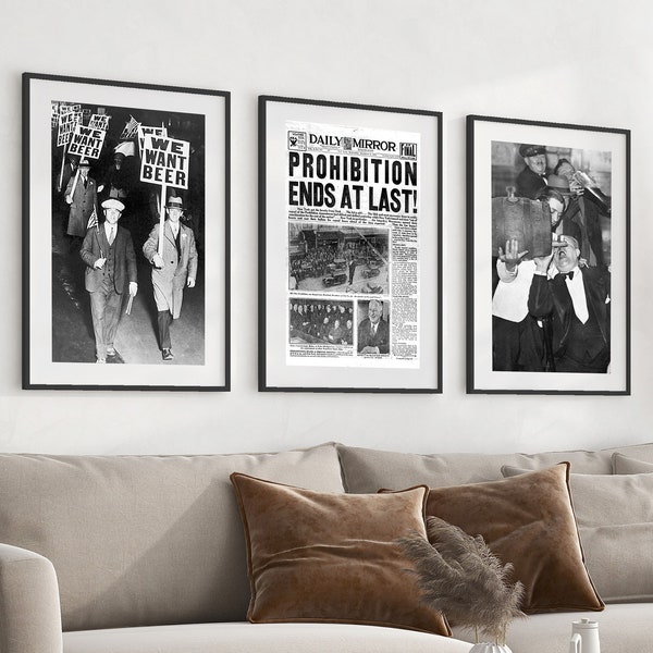 Vintage Prohibition Prints, Prohibition Wall Art, Black And White Prints, Set of 3, Prohibition Poster, Prohibition Photo, Speakeasy Decor