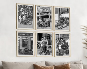 Vintage Motorcycle Prints, Motorcycle Poster, Set of 6 Prints, Black and White, Biker Print, Biker Decor, Motorcycle Wall Art, Biker Gift