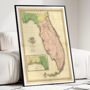Kaart van Florida afdrukken, afdrukken van Florida, kaart van de staat Florida, kunst van Florida, vintage kaart afdrukken, kunst aan de muur Florida, decor van Florida, reizen, kaart Florida
