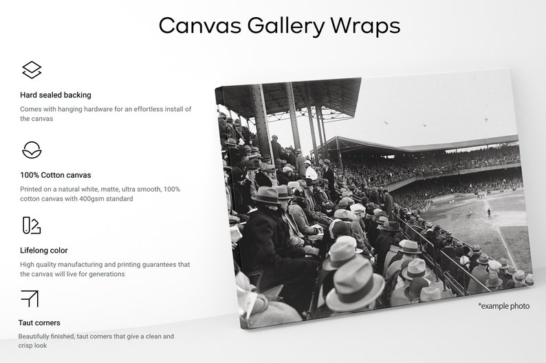 May include: Black and white photo of a baseball game printed on a gallery wrapped canvas. The canvas has a hard sealed backing and comes with hanging hardware. The canvas is made of 100% cotton and is printed on a natural white, matte, ultra smooth, 400gsm standard canvas. The canvas has taut corners and is guaranteed to last for generations.