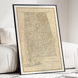 Carte de l'Alabama, impression de carte de l'Alabama, impression de l'Alabama, art mural de l'Alabama, carte de l'état de l'Alabama, impression de carte vintage, affiche rétro de l'Alabama, carte du bureau à domicile