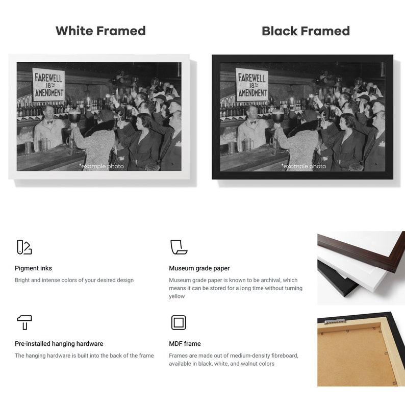 May include: A black and white photograph of a group of people in a bar, with a sign that reads "Farewell 18th Amendment". The image is framed in a white frame and a black frame. The frames are made of medium-density fiberboard.