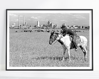 Vintage Dallas Print, Cowboy Print, Dallas Wall Art, Black and White, Dallas Photography, Dallas Skyline Art, Texas Decor, Western Print