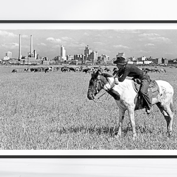 Vintage Dallas Print, Cowboy Print, Dallas Wall Art, Black and White, Dallas Photography, Dallas Skyline Art, Texas Decor, Western Print