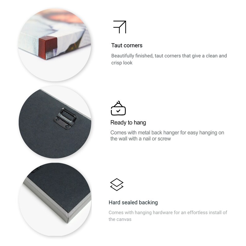 May include: Close-up of a canvas print with taut corners, a metal hanging hook on the back, and a hard sealed backing. The print is ready to hang on a wall.