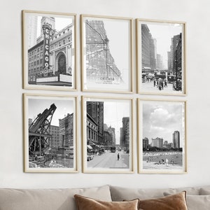 Láminas vintage de Chicago, arte mural de Chicago, juego de 6 láminas en blanco y negro de Chicago, póster de Chicago, láminas de la ciudad de Chicago, decoración con mapas de Chicago