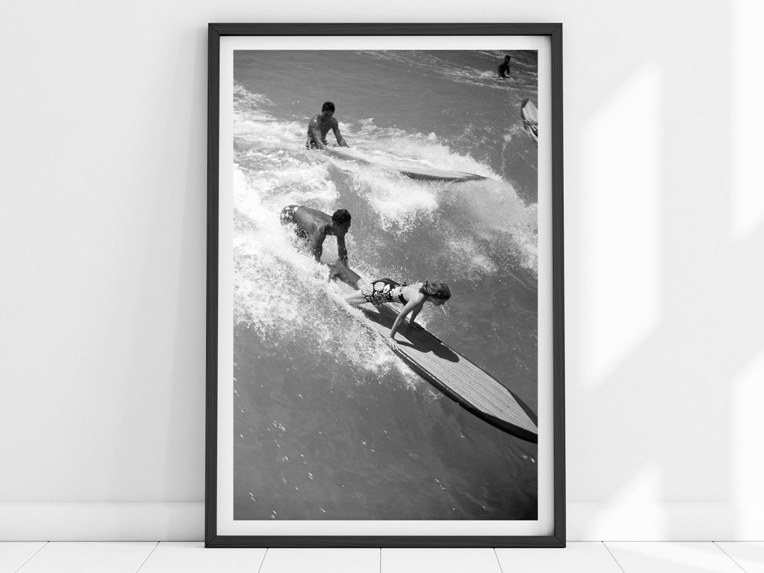 Vintage Surfing Print, Surfboard Poster, Black and White, Surf Poster