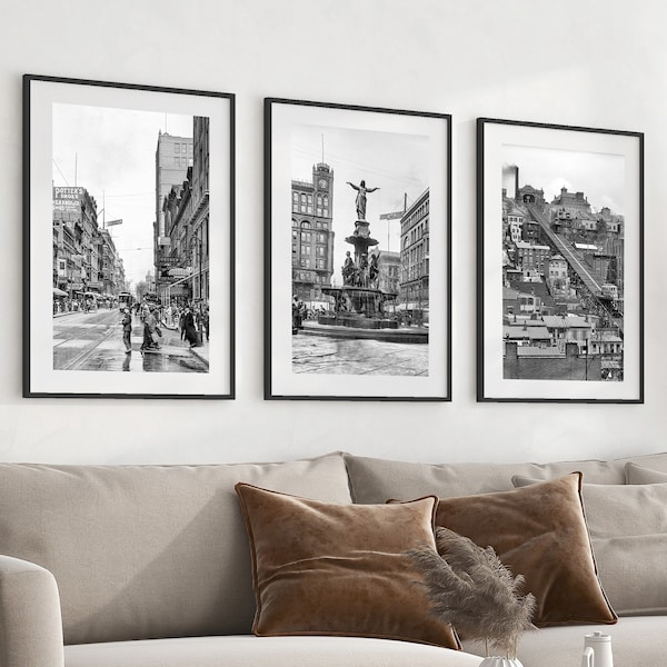 Vintage Cincinnati Prints, Cincinnati Wall Art, Black And White Art, Cincinnati Poster, Cincinnati Print, Cincinnati Map, Set of 3 Prints