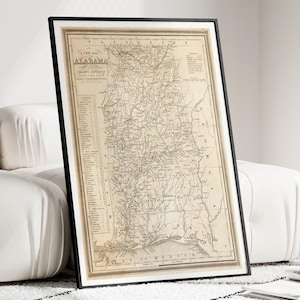 Carte de l'Alabama, art mural de l'Alabama, affiche de l'Alabama, impression de carte de l'Alabama, carte de l'Alabama, art mural vintage, impression de Bama, carte murale de l'Alabama, historique