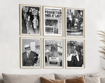 Vintage Prohibition Prints, Prohibition Wall Art, Black And White Prints Set of 6, Prohibition Poster, Prohibition Photo, Speakeasy Decor