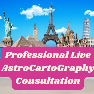 May include: A vibrant image featuring iconic landmarks from around the world, including the Statue of Liberty, Eiffel Tower, and Leaning Tower of Pisa, set against a blue sky. A pink banner displays the text "Professional Live AstroCartoGraphy Consultation".