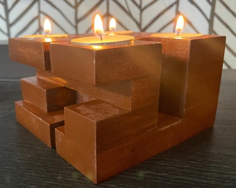 Bougeoir photophore géométrique moderne en bois – Pièce maîtresse de décoration intérieure faite main