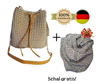 Tasche Torba gehäkelt handgemacht mit Kettenriemen und Quaste, Schal gratis