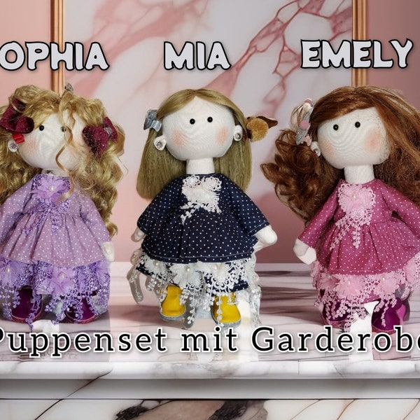 Puppenset mit Garderobe Spielpuppe Stoffpuppe handgefertigt Mädchen Deko Kinderzimmer Geburtstagsgeschenk Mädchen