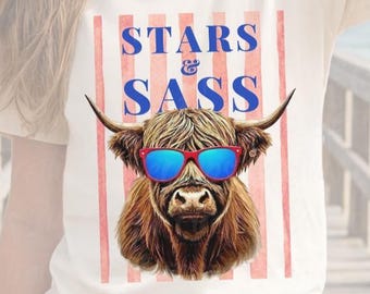 Stars and Sass Shirt PNG, Cute 4th of July Cow Design, Patriotic Highland Cow, Girls USA Shirt Graphic, Independence Day Sublimation