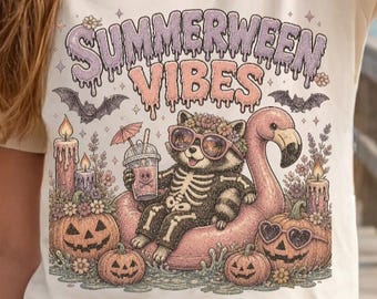 Summerween Vibes PNG, Funny Vintage Raccoon Skeleton Costume Float Halloween in Summer Sublimation Design, Cute Halloween Trendy Png File