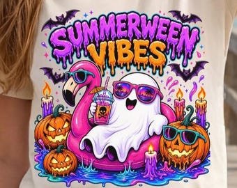 Summerween Vibes PNG, Cute Ghost Float Halloween in Summer Sublimation Design, Cute Halloween Trendy Png File