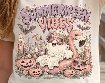 Summerween Vibes PNG, Vintage Cute Ghost Float Halloween in Summer Sublimation Design, Cute Halloween Trendy Png File, Cottagecore Ghost