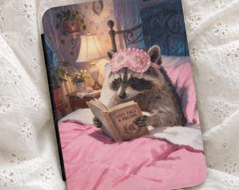 Raccoon Kindle Cover, Book Lover Kindle Case, Cute Reader Ereader Case, Cottagecore Kindle Sleeve, Pink Bookish Gift